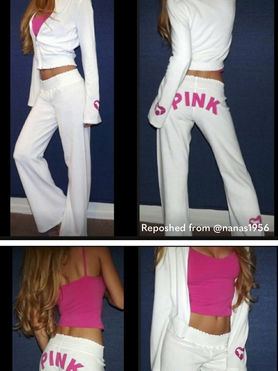 PINK Victoria's Secret Pants - PINK Victoria's Secret White Lounge Track Pants with Pink Logo